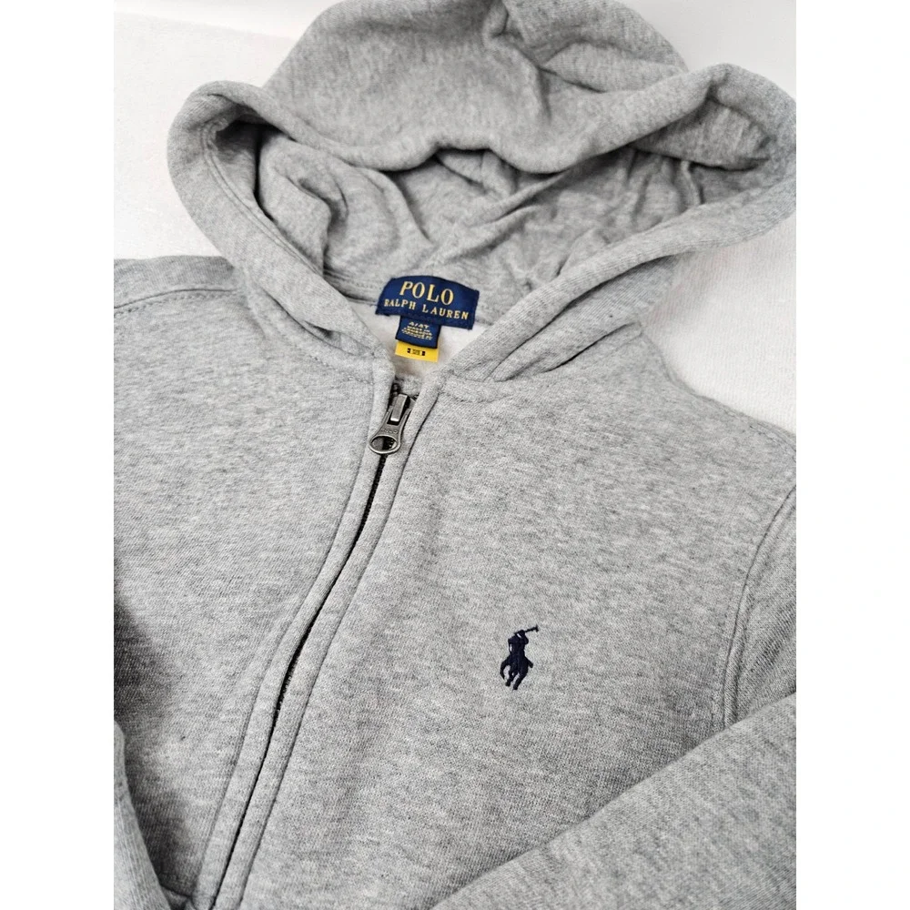 Polo Ralph Lauren Boy's 4T Toddler Full Zip Fleece Hoodie Gray, Navy Pony, EUC!